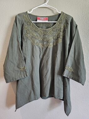 Nativa Hand Embroidered Mexican Peasant Blouse Green Cotton Tunic Boho Woman's L